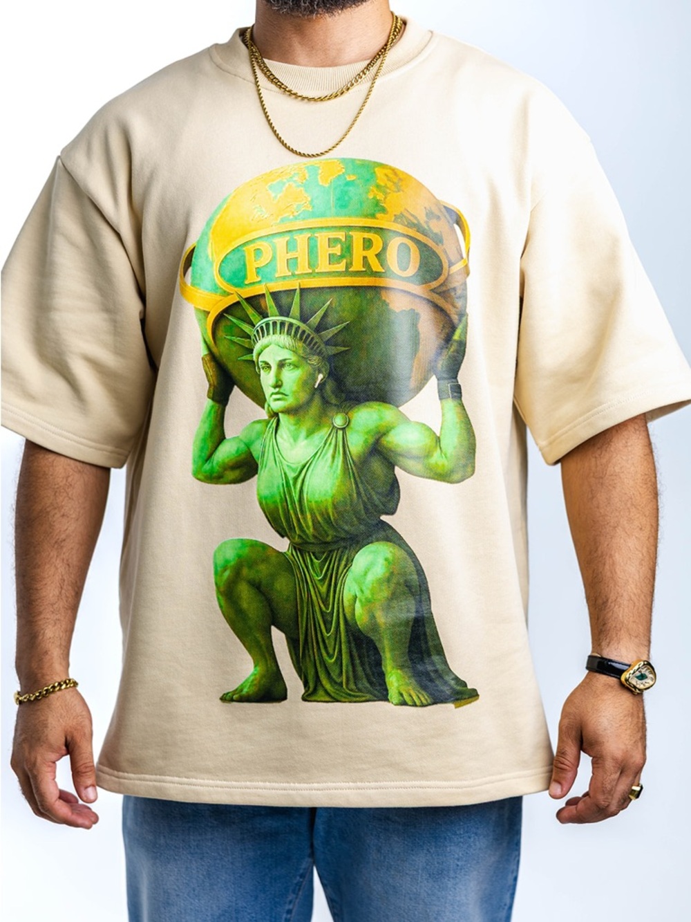 Beige Short Sleeve Graphic Tee with Green Liberty Print - Picture 3 of 8
